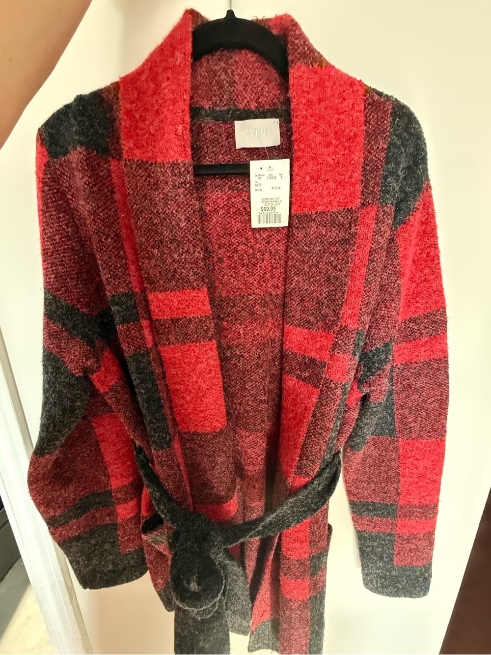 Cyrus Red and Gray Plaid Open-Front Belted Cardigan